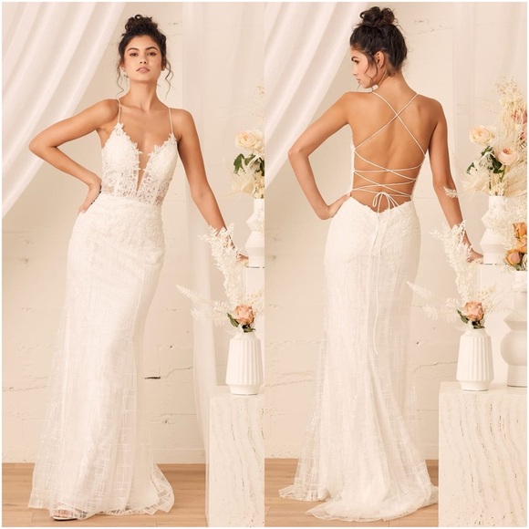 LULU’S Wonderstruck White Glitter Lace-Up Embroidered Lace Maxi Dress - Picture 1 of 8